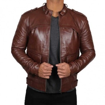 Men’s Motorcycle Leather Brown Padded Shoulder Jacket