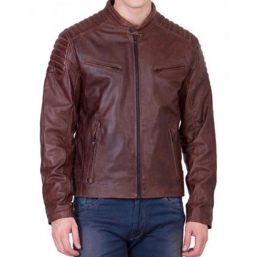 Men’s Biker Leather Brown Padded Shoulder Jacket