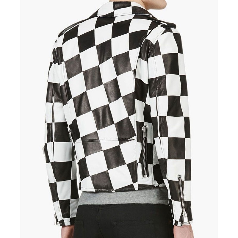 Men’s Biker Asymmetrical Zipper Checkerboard Leather Jacket