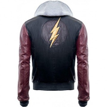 Justice League Barry Allen Flash Leather Jacket With Fleece Hood