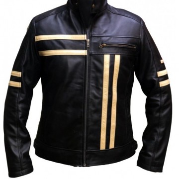 New Men's Cruise Cafe Racer Stripe Biker Leather Jacket
