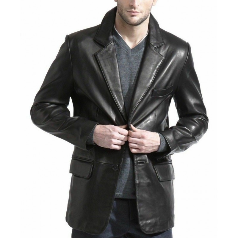 Mens Leather Blazer Coat Jacket Genuine Black Lambskin Leather Slim Fit