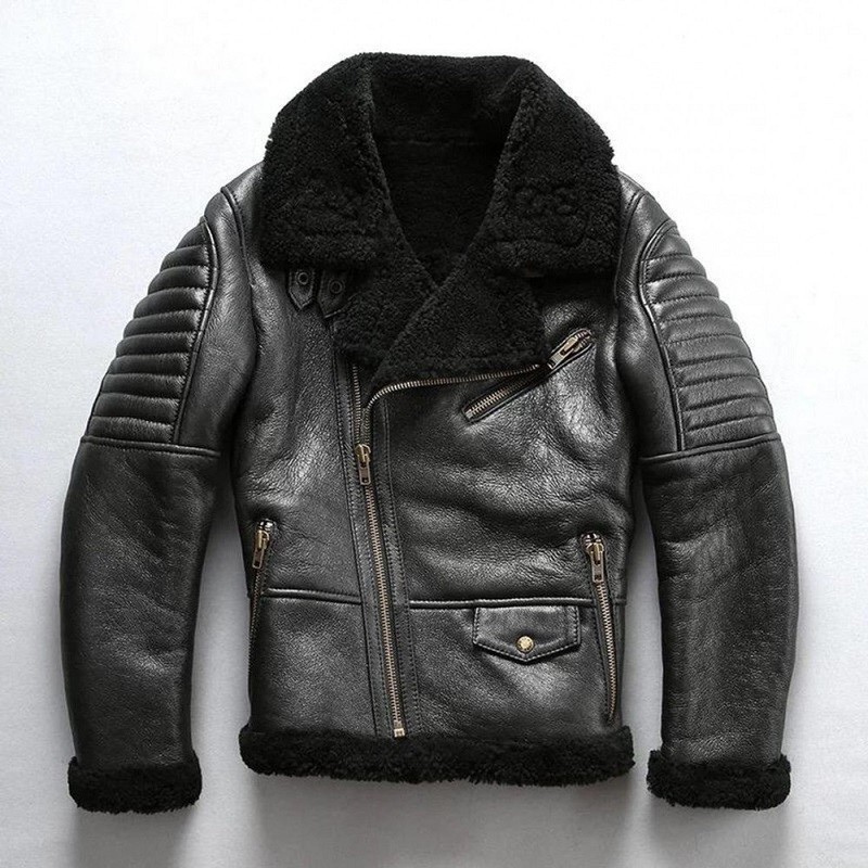 B3 Winter Leather Coat Mens Genuine Cow Skin Real Fur Shearling Black ...