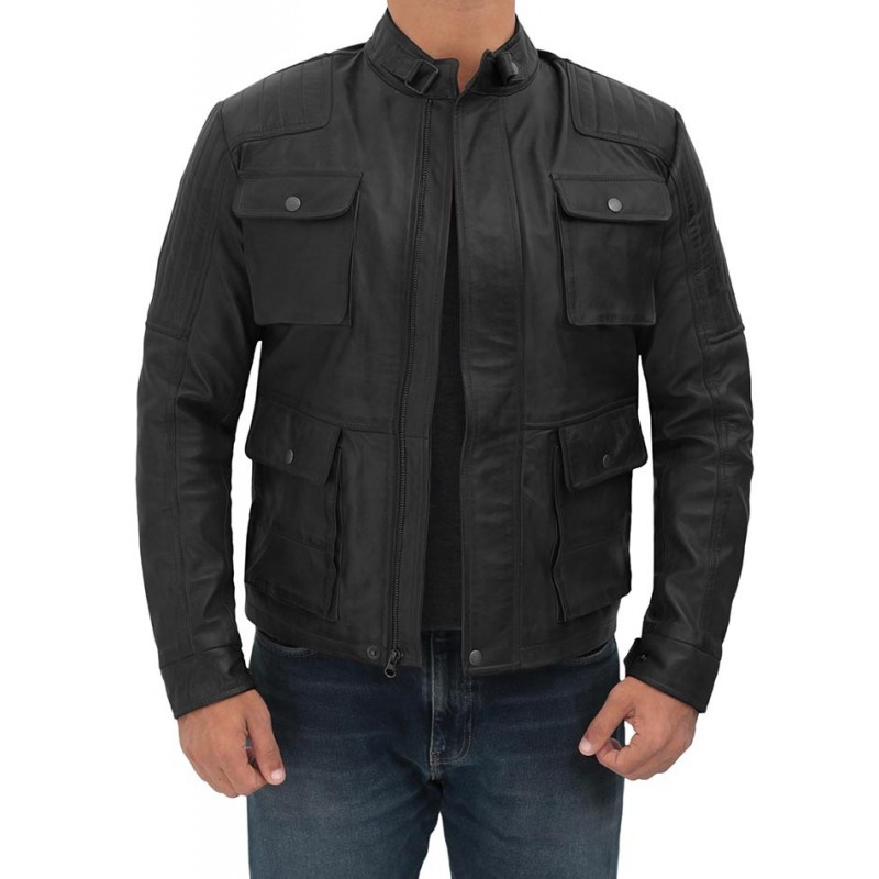 New Mens Black Four Pocket Vintage Leather Jacket