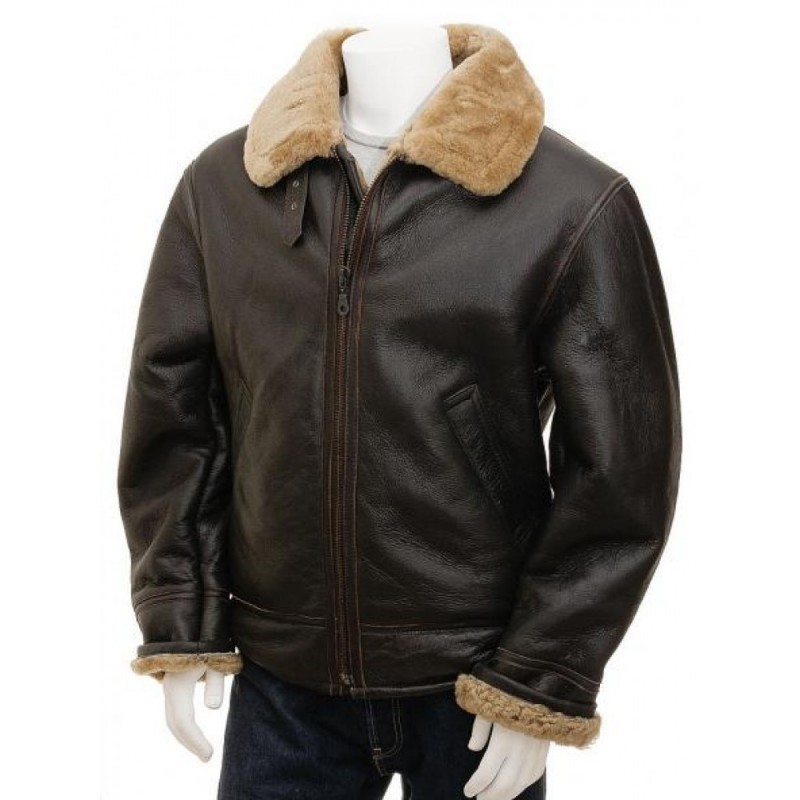 Mens Brown Raf Aviator Vintage Real Shearling Sheepskin Flying Leather