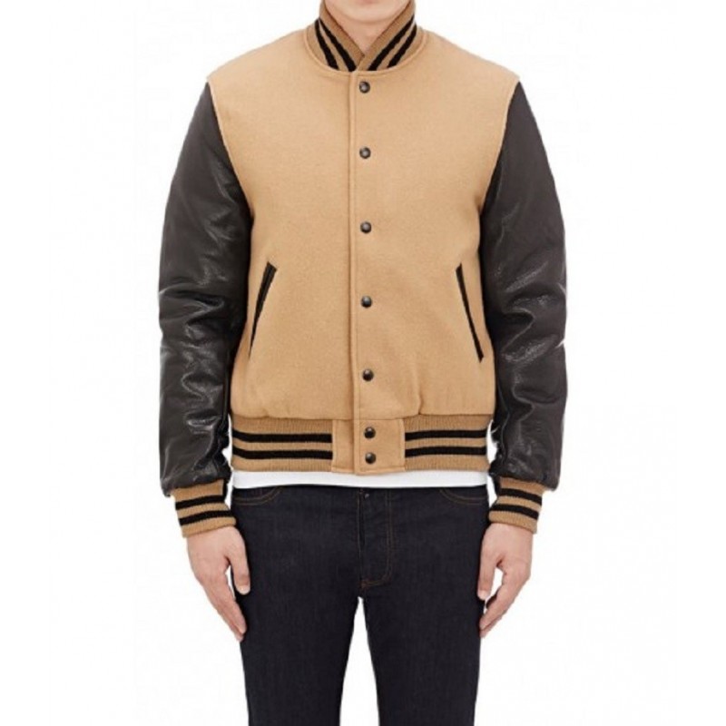 Men's Letterman Wool Tan And Brown Baseball Varsity Jacket