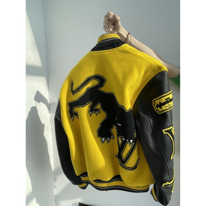New Men's LV Letterman Yellow and Black Leather Jacket